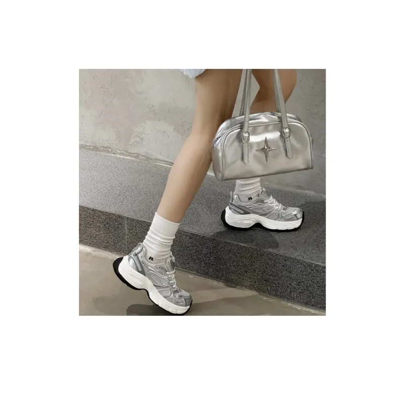 CHERRY&KALIKA Cushioning, Slip Resistant, Abrasion Resistant, Breathable Low Top Chunky Sneakers Women's Silver-4