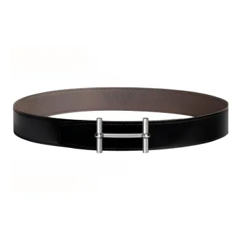 HERMES Business Comfortable Silver Buckle Togo Calfskin Double Sided Leather Belt Cow Leather Men's Black Width  3.8cm