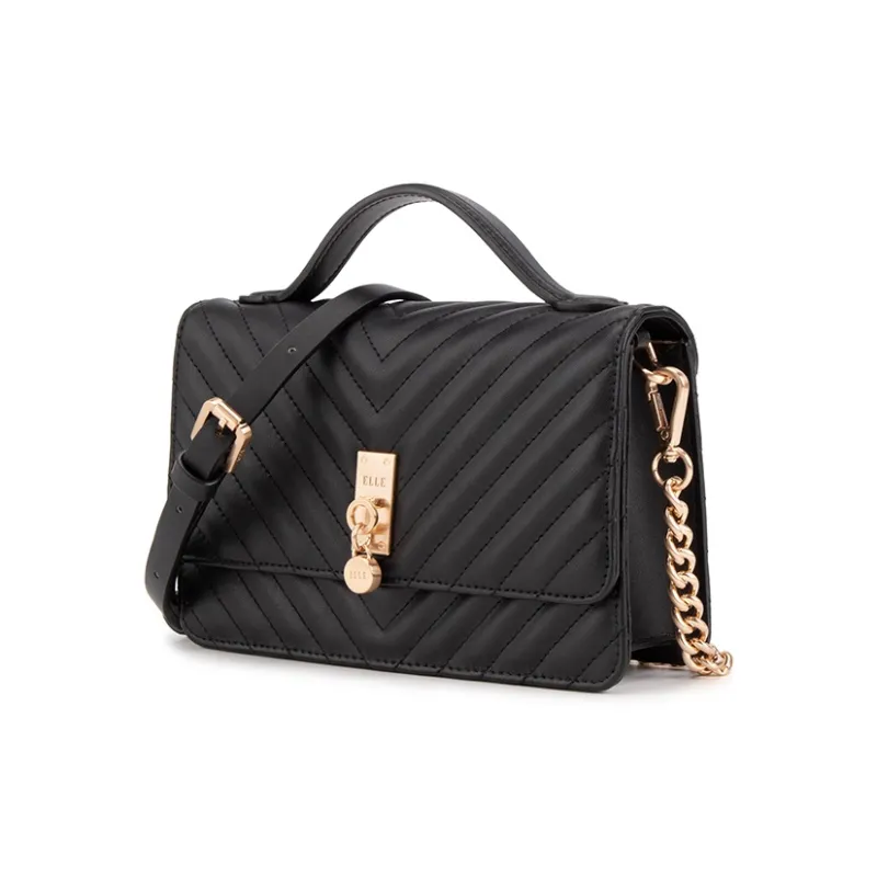 ELLE Leather Patchwork With Synthetic Leather One Shoulder Handbag Small Size Women's Camel/Black-4