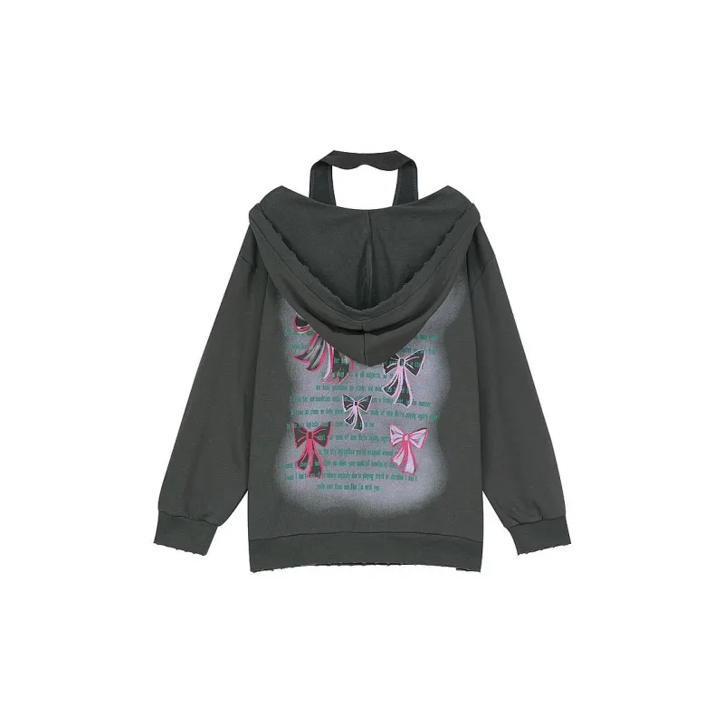 ELF SACK American V Neck Gray Bowknot Print Hoodie Women's-1