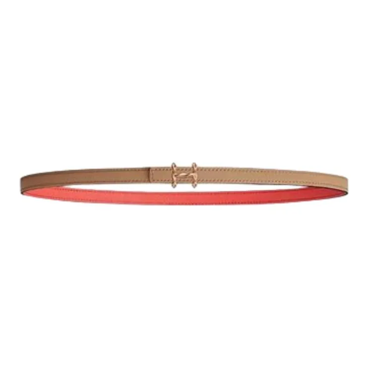 HERMES Logo Identification Metal Leather Belts Women's Brown/Orange Width 1.3CM-1