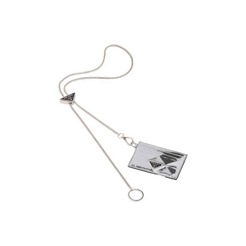 PRADA Shiny Leather Coin Purse Card Clip Necklace Pouch Men's Silver-2