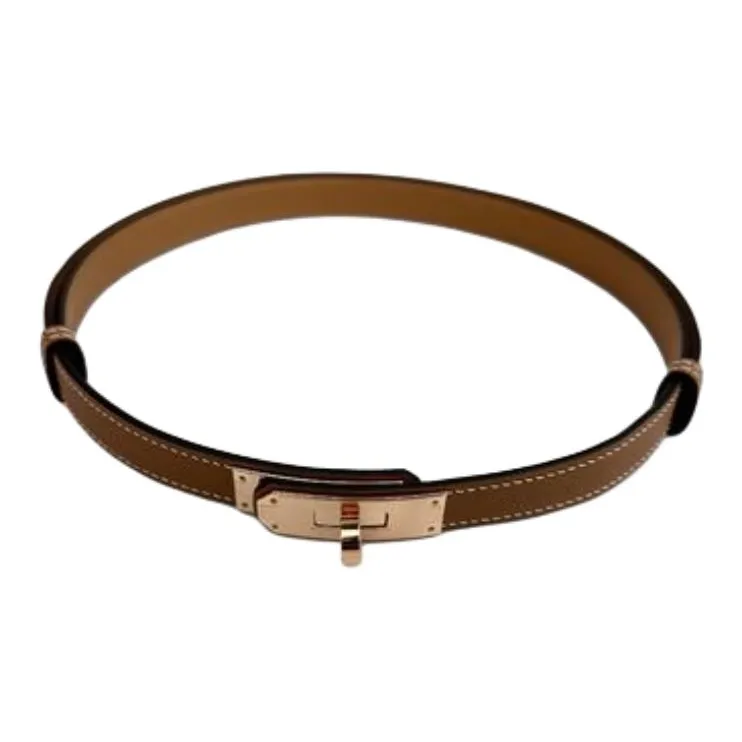 HERMES Solid Color Design Calfskin Leather Belts Women's Light Brown Width 1.8CM-1