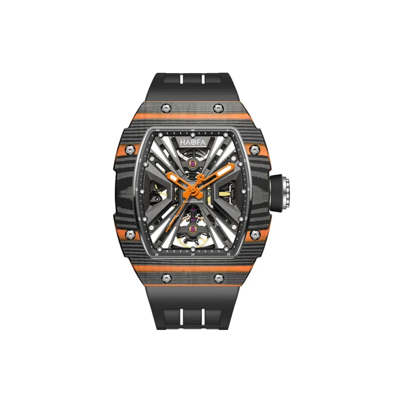 HaofaTourbillon 1929 Mechanical Movement Rubber Strap Men's Watches Cut-Out Dial-2
