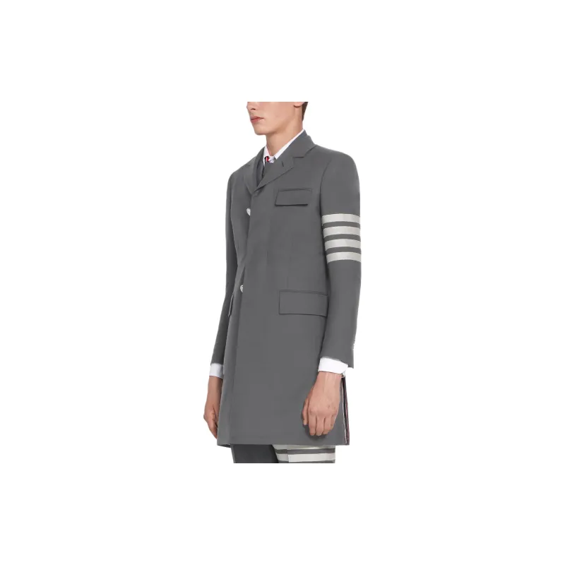 THOM BROWNE· Medium Grey Plain Weave Suiting High Armhole 4 Bar Overcoat Coats Coat Men's Medium Gray-2