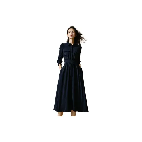 Late White Long-Sleeved Dresses Women's Navy Blue