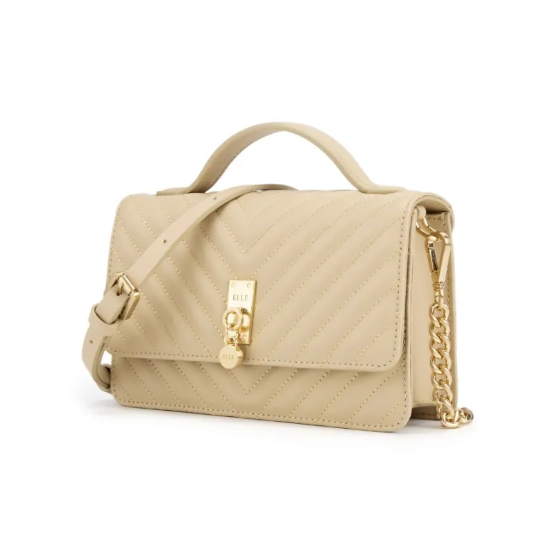 ELLE Leather Patchwork With Synthetic Leather One Shoulder Handbag Small Size Women's Camel/Black-1