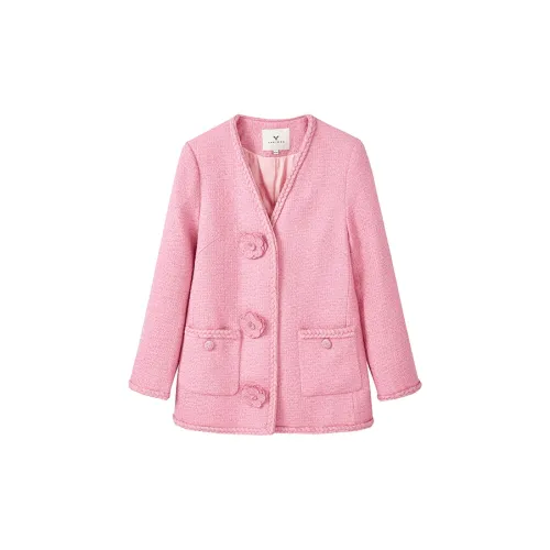 Yu Qianwen Cropped Coats Women's Camellia Flower Pink