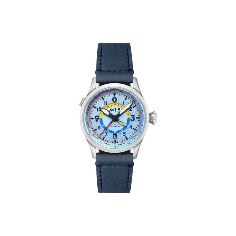 AVI 8 FLYBOY Collection Wrist Watch Automatic Mechanical Movement Genuine Leather Strap Blue Dial Men's Watches-1