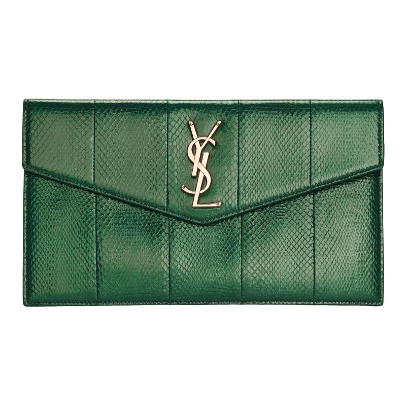 SAINT LAURENT UPTOWN Snake Skin Envelope Bag, Clutch Small Size Women's Grassland Green-1