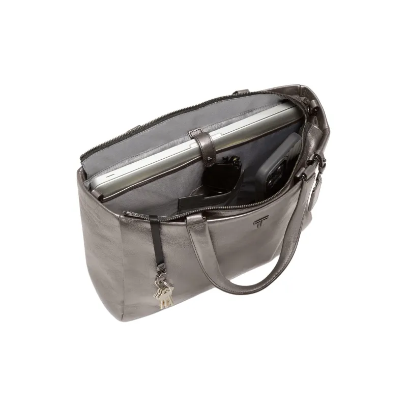TUMI Leather Tote Shopping Bag One Shoulder Handbag Medium Size Women's Lead Gray Metallic-2