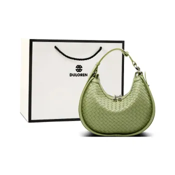 DULOREN Cow Leather Moon-Shaped Shoulder Bag Small Size Women's Green/Ecru Apricot/Black