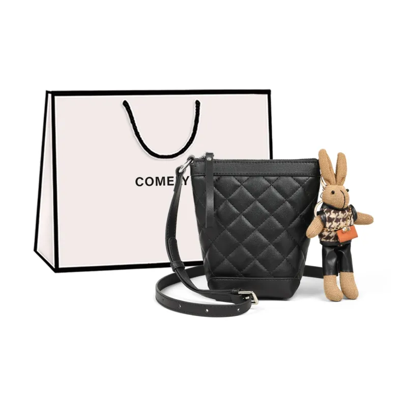 COMELY Cow Leather Patchwork Synthetic Leather Bucket Bags Shoulder Bag Crossbody Bag Small Size Women's White/Black-4