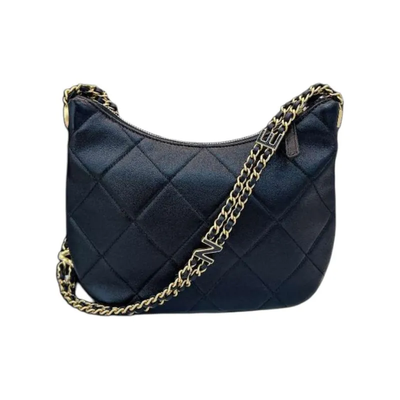 CHANEL Black Gold Smooth Cow Leather Hobo Bag, Hippie Bag, Handbag, Shoulder Bag Women's Black-1