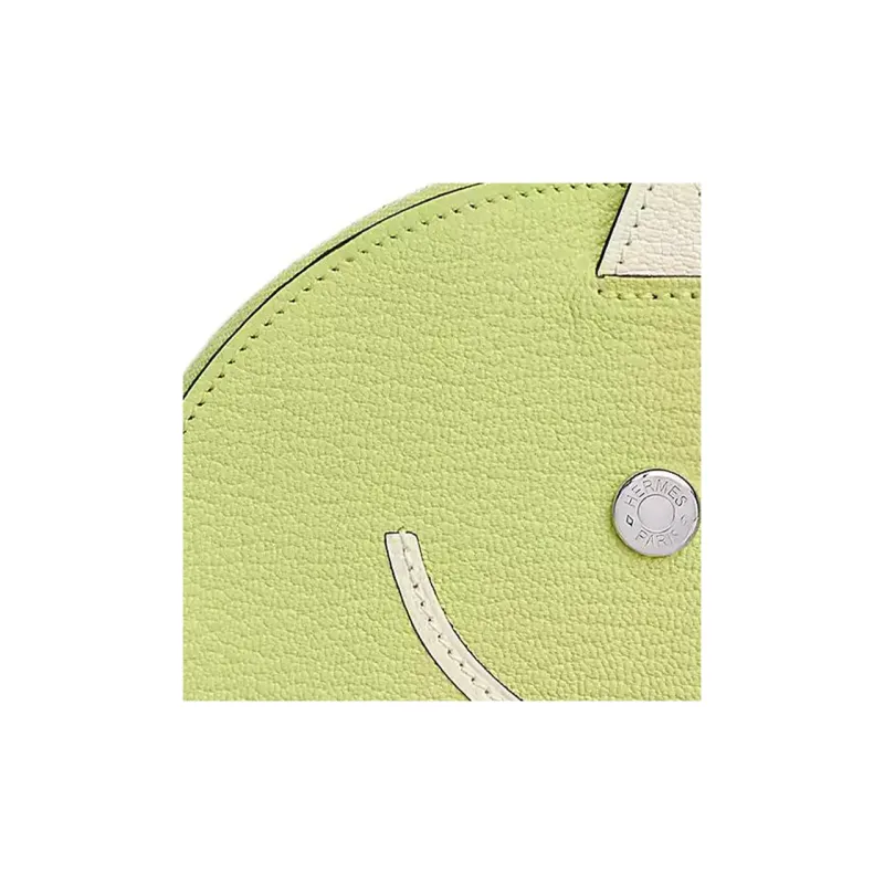 HERMES Mysore Goat Skin Coin Purse Women's Yellow Green With Grey Accents-2
