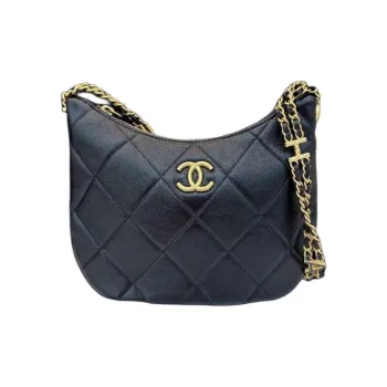 CHANEL Smooth Cow Leather Hobo Bag, Hippie Bag, Handbag, Shoulder Bag Women's Black