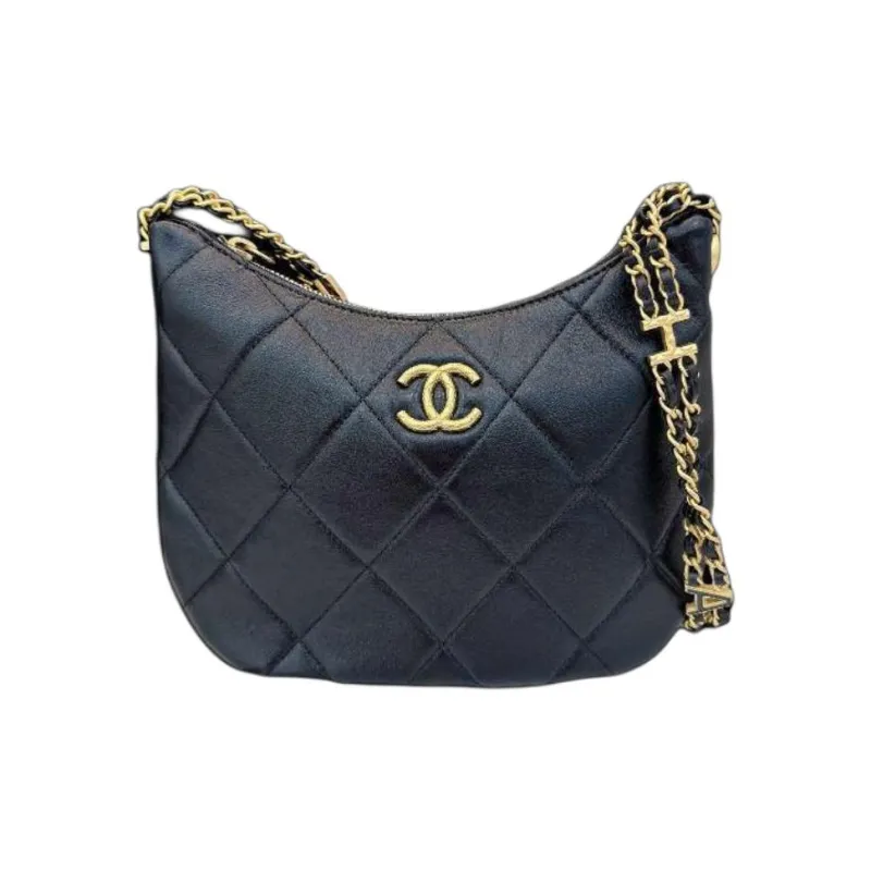 CHANEL Black Gold Smooth Cow Leather Hobo Bag, Hippie Bag, Handbag, Shoulder Bag Women's Black-0