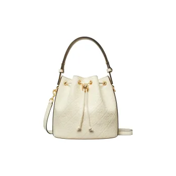 TORY BURCH T Monogram Leather Bucket Bag, Shoulder Bag, Crossbody Bag, Handbag Women's Light Cream