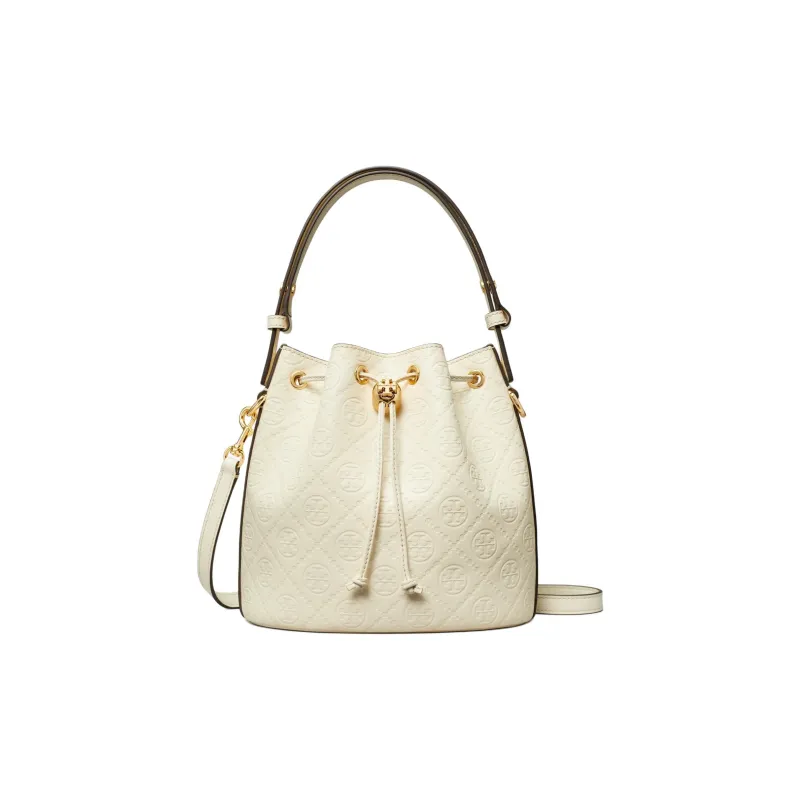 TORY BURCH T Monogram Leather Bucket Bag, Shoulder Bag, Crossbody Bag, Handbag Women's Light Cream-0