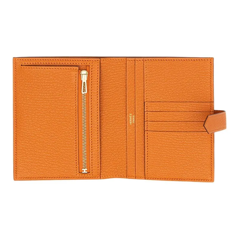 HERMES Bearn Mysore Goat Skin Wallet Women's 93 Orange Hermes Orange/Orange-1