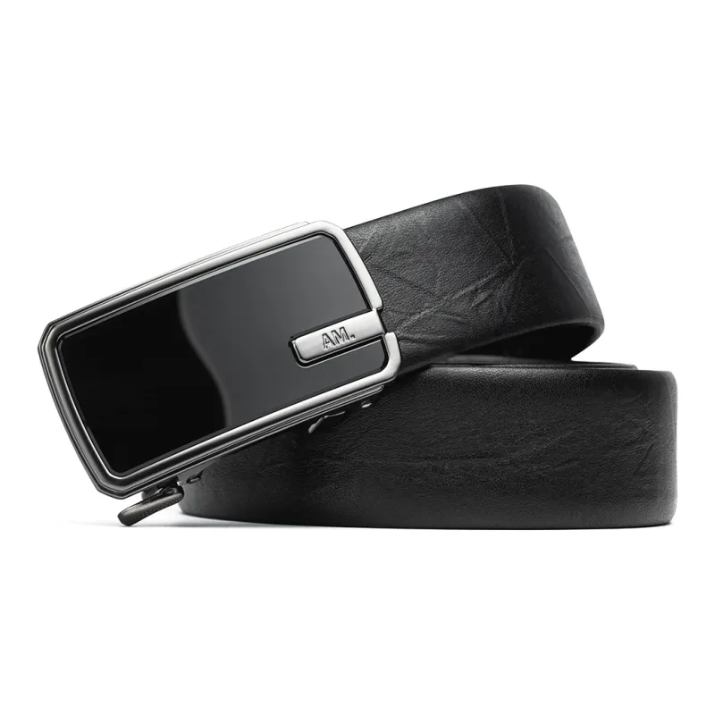 Anthony Miles Zinc Alloy First Layer Of Cowhide Leather Belts Men's Black 3.5cn-1