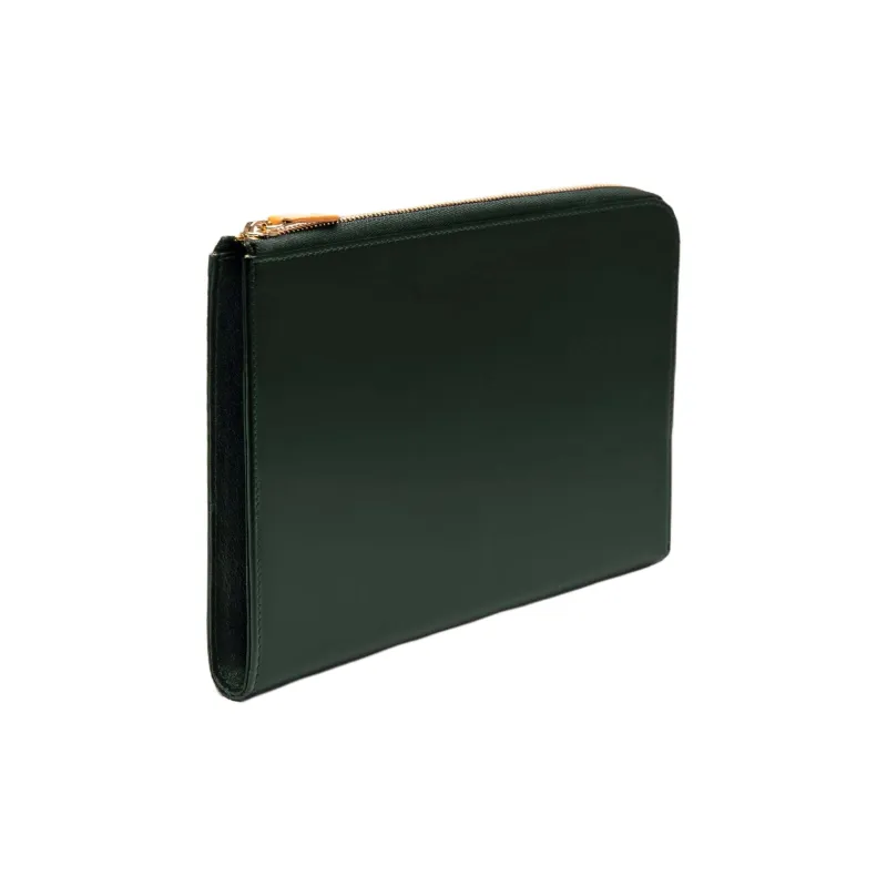ETTINGER Leather Clutch Large Size Unisex Green & Tan-1