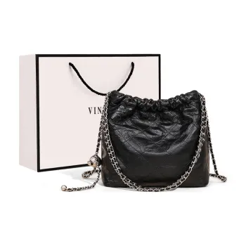 COMELY Cow Leather Patchwork Synthetic Leather Bucket Bag Chain Trash Bag Crossbody Bag Shoulder Bag Women's Black