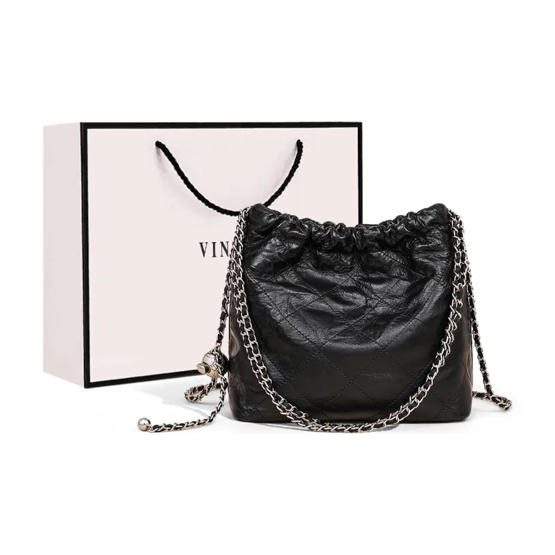 COMELY Cow Leather Patchwork Synthetic Leather Bucket Bag Chain Trash Bag Crossbody Bag Shoulder Bag Women's Black-0