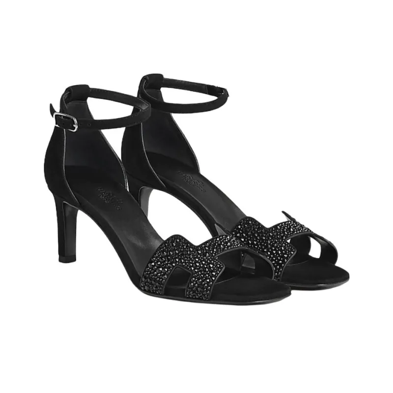 HERMES Joy One Strap Sandals 7cm Women's Black-2