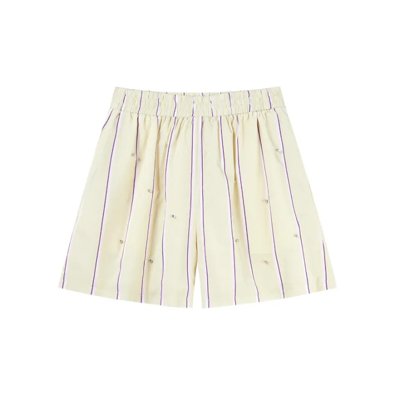 COCOON Monet Garden Premium Elastic Waistband With Colored Rhinestone Casual Shorts Women's Stripes-0