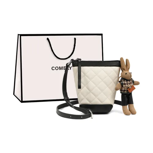 COMELY Cow Leather Patchwork Synthetic Leather Bucket Bags Shoulder Bag Crossbody Bag Small Size Women's White/Black