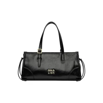 GOLDLION Cow Leather Shoulder Bag Crossbody Bag Handbag Large Size Women's Black/Ecru