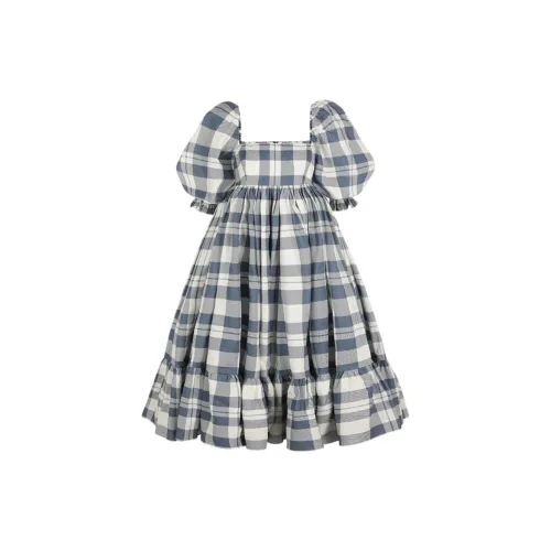 Selkie Short-Sleeved Dresses Women's Navy Blue With White Check Tea Towel Print