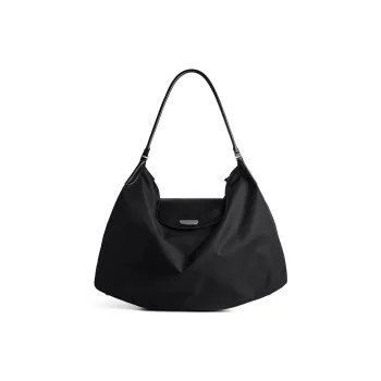 Balenciaga Nylon Bonded Smooth Cow Leather Handbag Shoulder Bag Large Size Women's Black
