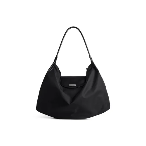 Balenciaga Nylon Bonded Smooth Cow Leather Handbag Shoulder Bag Large Size Women's Black