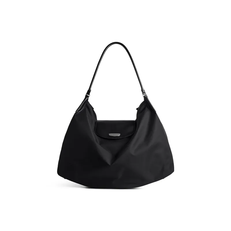 Balenciaga Nylon Bonded Smooth Cow Leather Handbag Shoulder Bag Large Size Women's Black-0