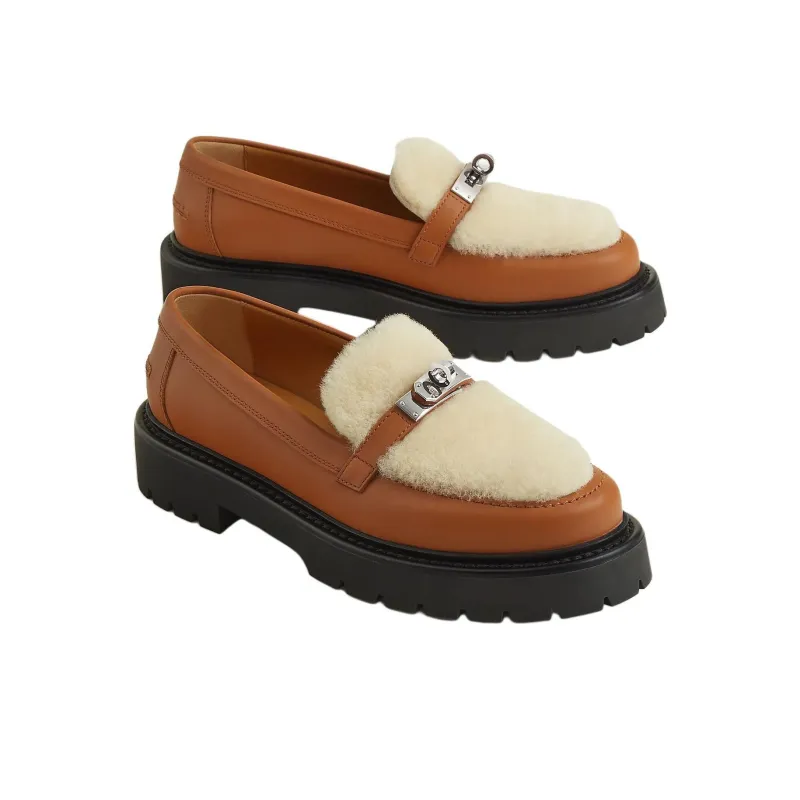 HERMES Icone Loafers Women's Brown-3