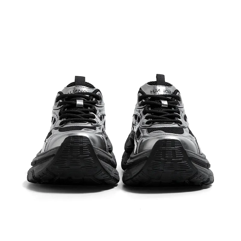 HUANQIU Cushioned Wear Resistant Breathable Low Top Chunky Sneakers Women's Black Silver-4
