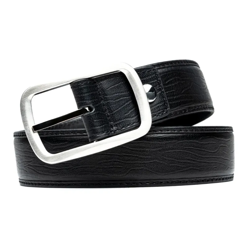 Anthony Miles Stainless Steel Pin Buckle Time Imprint Top Grain Cow Leather Leather Belts Men's Black 3.4cm-1