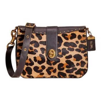 COACH Page Calfskin Shoulder Bag Crossbody Bag Women's Yellow Leopard Print