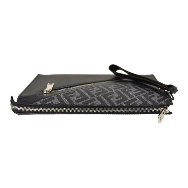 FENDI Embroidery Fabric With Leather Clutch Men's Blue-3