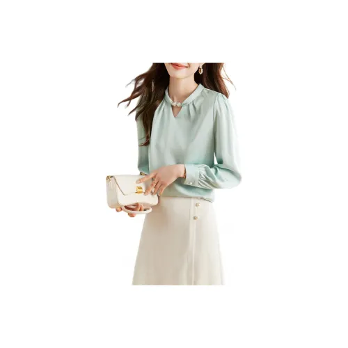 Korean style Chiffon Shirts Women's Aqua Blue