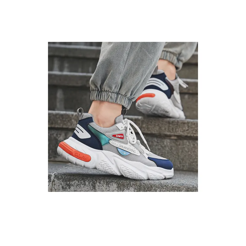 Binary Cushioning Abrasion Resistant Breathable Slip Resistant Low Top Chunky Sneakers Men's Gray Blue-7