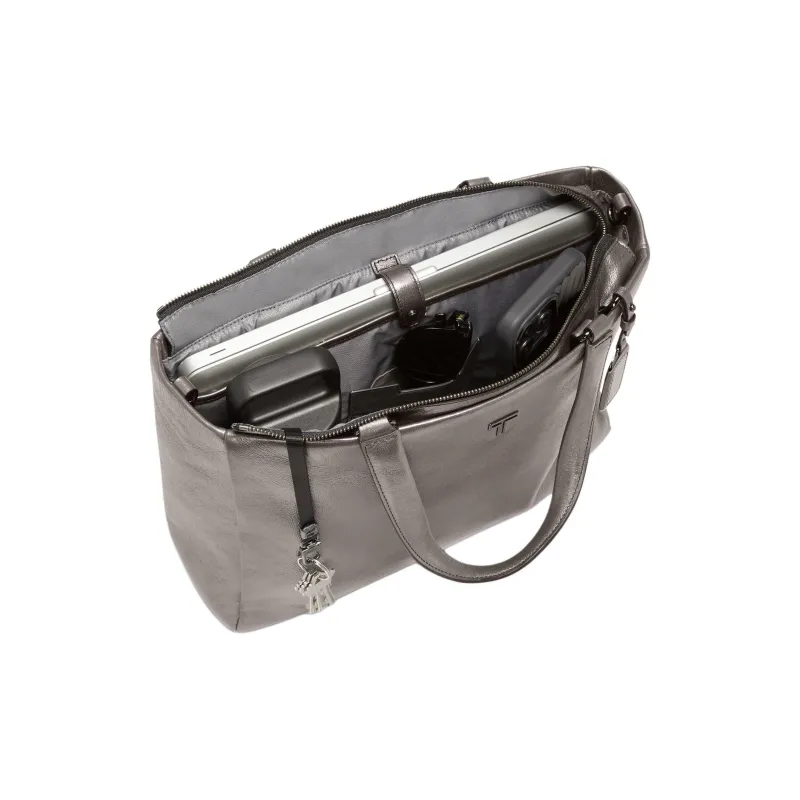 TUMI Leather Tote Shopping Bag One Shoulder Handbag Medium Size Women's Lead Gray Metallic-3