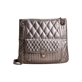COACH POPPY Metal Leather Handbags Shoulder Bags Large Size Women's Silver With Dark Gray Accents