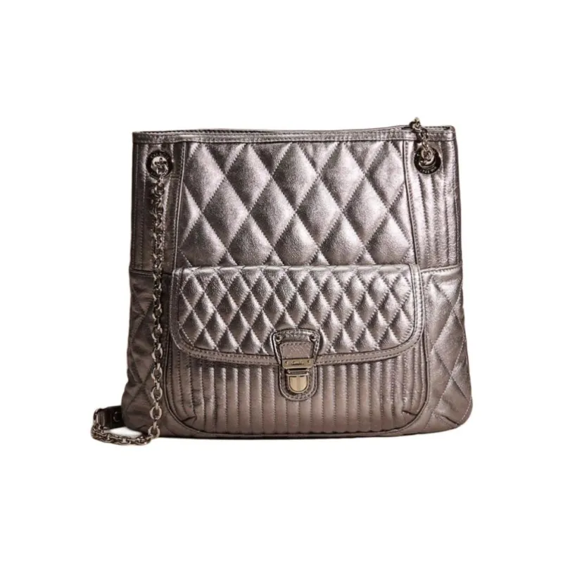 COACH POPPY Metal Leather Handbags Shoulder Bags Large Size Women's Silver With Dark Gray Accents-0