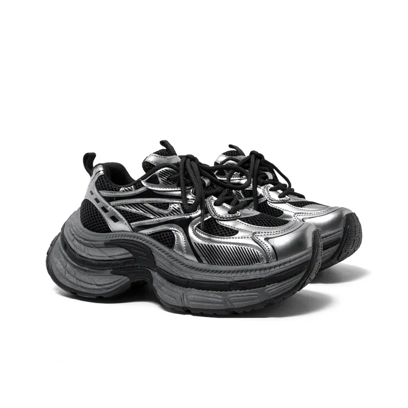 HUANQIU Cushioned Wear Resistant Breathable Low Top Chunky Sneakers Women's Black Silver-2