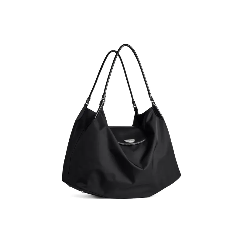 Balenciaga Nylon Bonded Smooth Cow Leather Handbag Shoulder Bag Large Size Women's Black-2