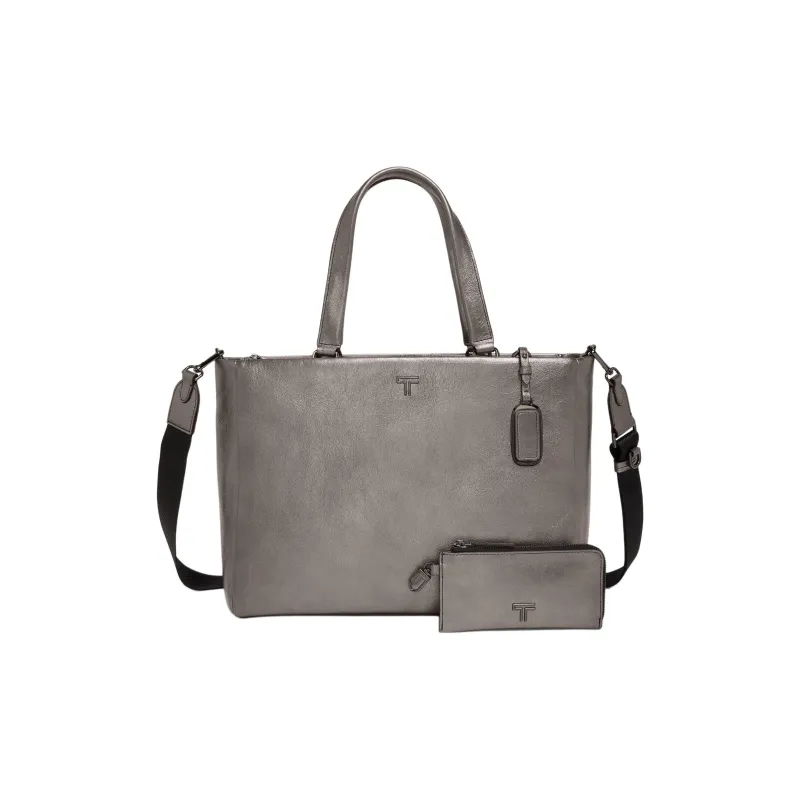 TUMI Leather Tote Shopping Bag One Shoulder Handbag Medium Size Women's Lead Gray Metallic-1