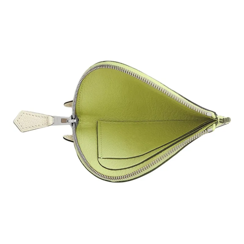 HERMES Mysore Goat Skin Coin Purse Women's Yellow Green With Grey Accents-1